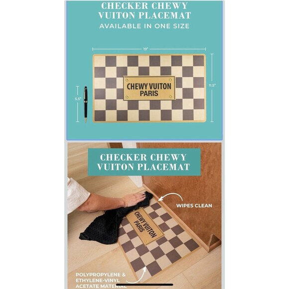 Haute Diggity Dog Gold Checkered Chewy Vuiton Pet Food Placemat New - Picture 2 of 2